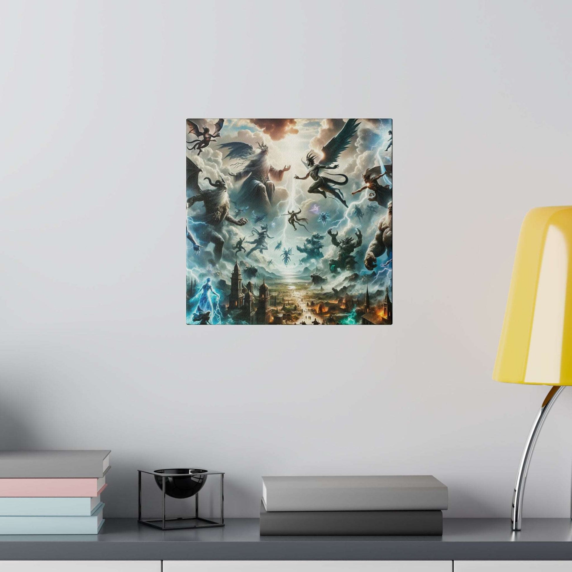 Square canvas art showing a mythological battle with winged gods, dragons, and lightning above a city.