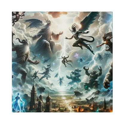 Epic mythological canvas painting showing gods and winged beings fighting in a stormy sky above a ruined city.