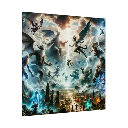Epic mythological canvas showing angels, demons, and gods battling in the sky above a fiery city.
