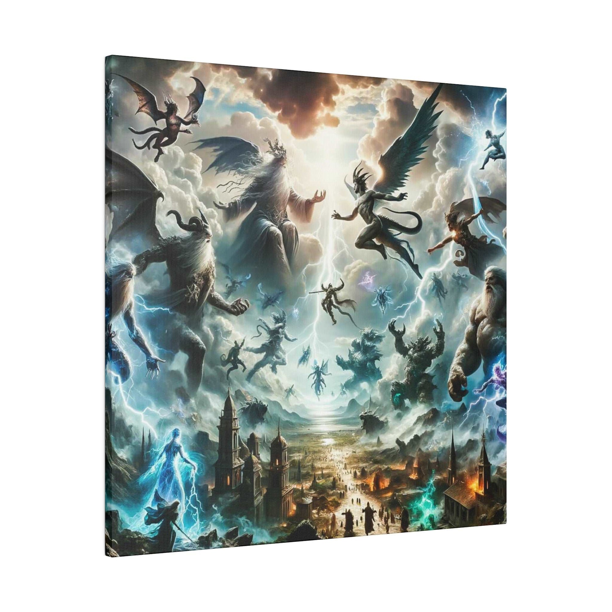 Epic mythological canvas art showing winged and armored gods battling among lightning above a ruined city.