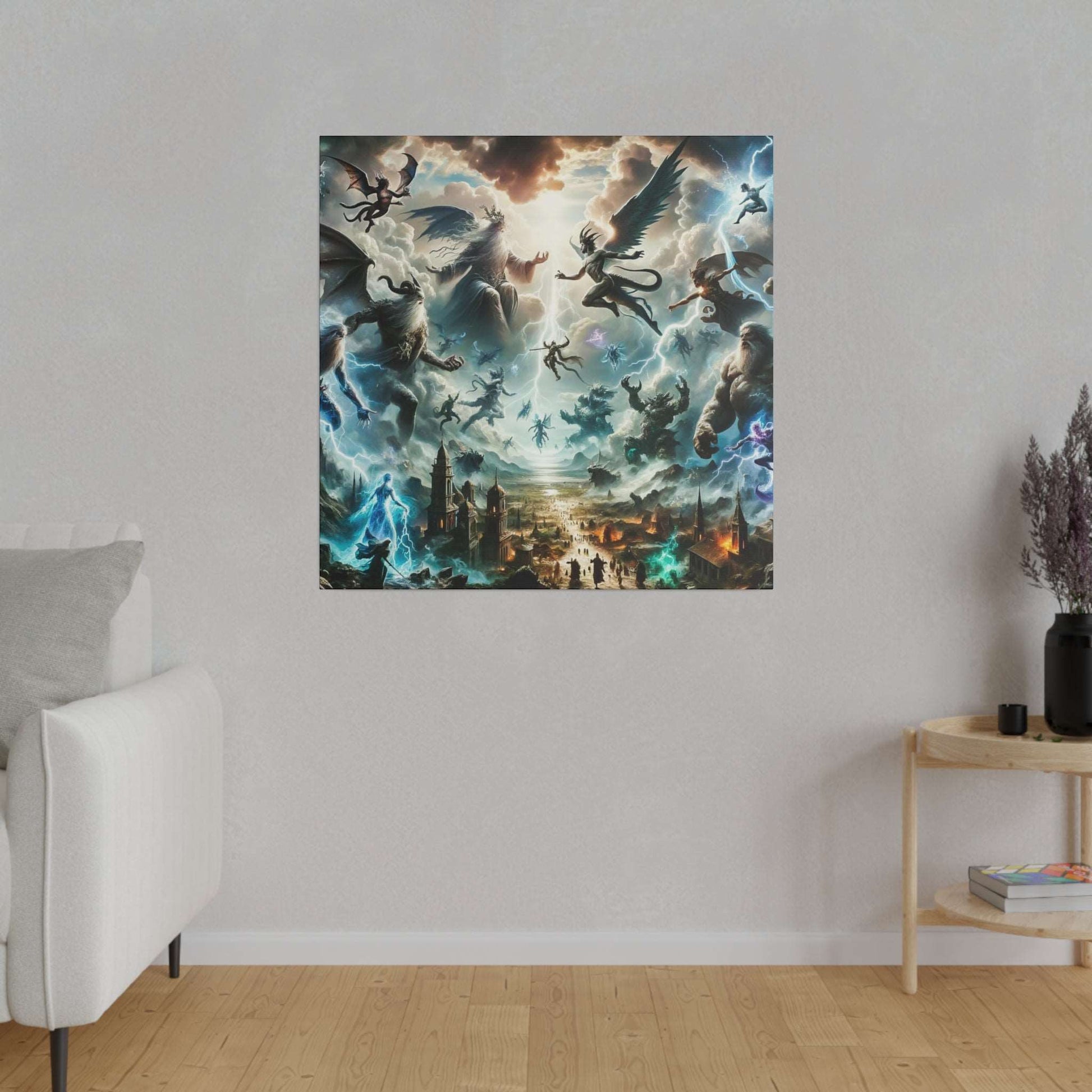 Canvas art depicting a mythological battle among gods and winged beings in a stormy sky above a city with towers.