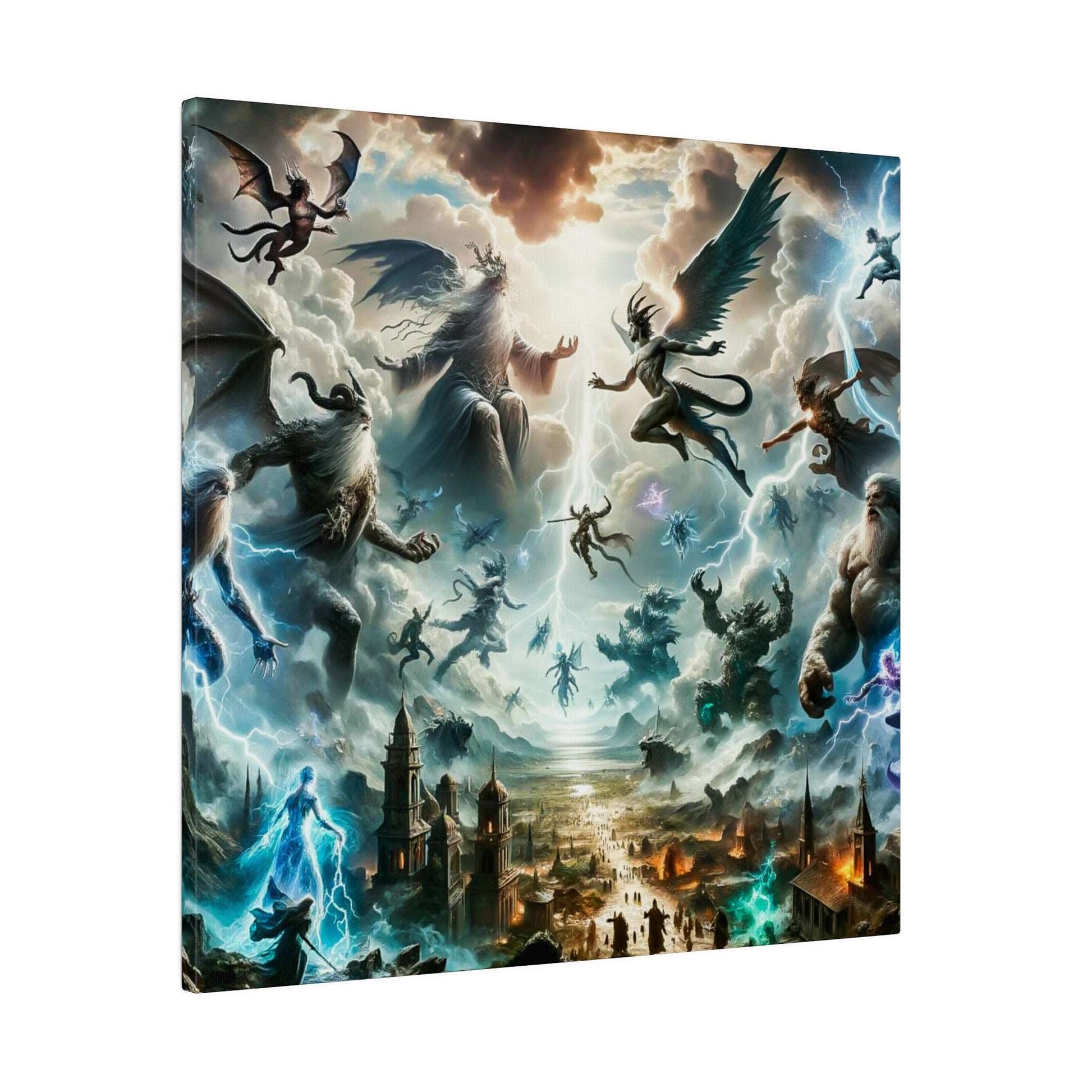 Epic mythological canvas art depicting gods and winged creatures clashing in a storm above a medieval city.
