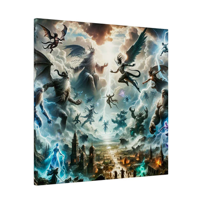 Epic mythological canvas art depicting gods and winged creatures clashing in a storm above a medieval city.