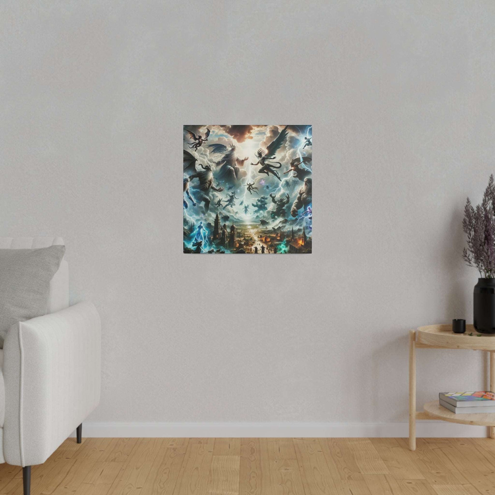 Square canvas painting titled Battle of the Gods depicting a mythological battle with flying figures and a fiery, stormy sky over a city.
