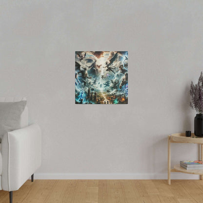 Square canvas painting titled Battle of the Gods depicting a mythological battle with flying figures and a fiery, stormy sky over a city.