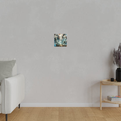 Small square painting with blue and teal tones hangs on a light gray wall above a wooden floor, beside a white sofa.