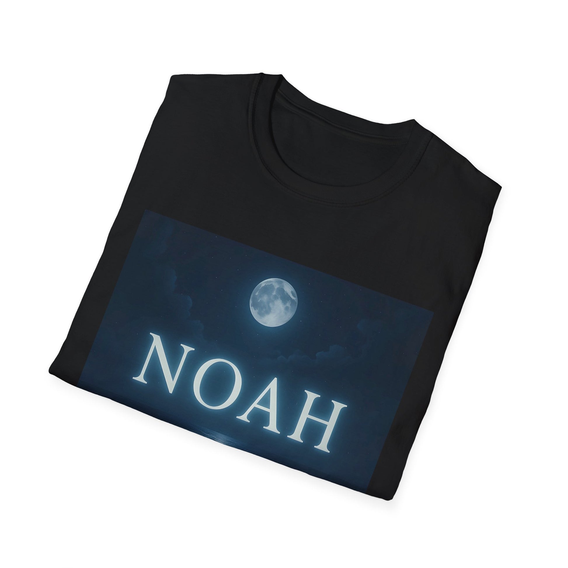 Black short-sleeve T-shirt folded with a blue night-sky graphic showing a moon and the word NOAH.
