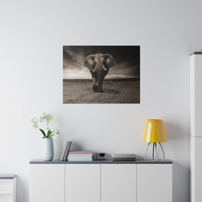 Sepia-toned photograph of a lone elephant walking toward the camera on a desert plain, hung on a white wall.
