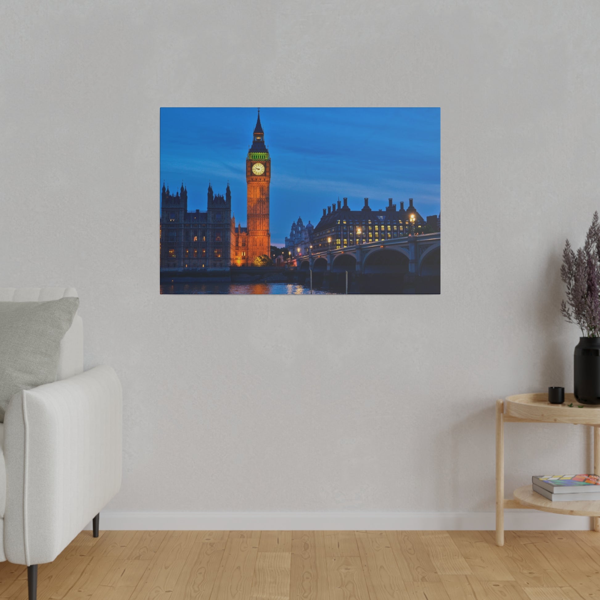 The Big Ben clock tower in London, glowing in the night, with its distinct architectural features highlighted by the evening lights.