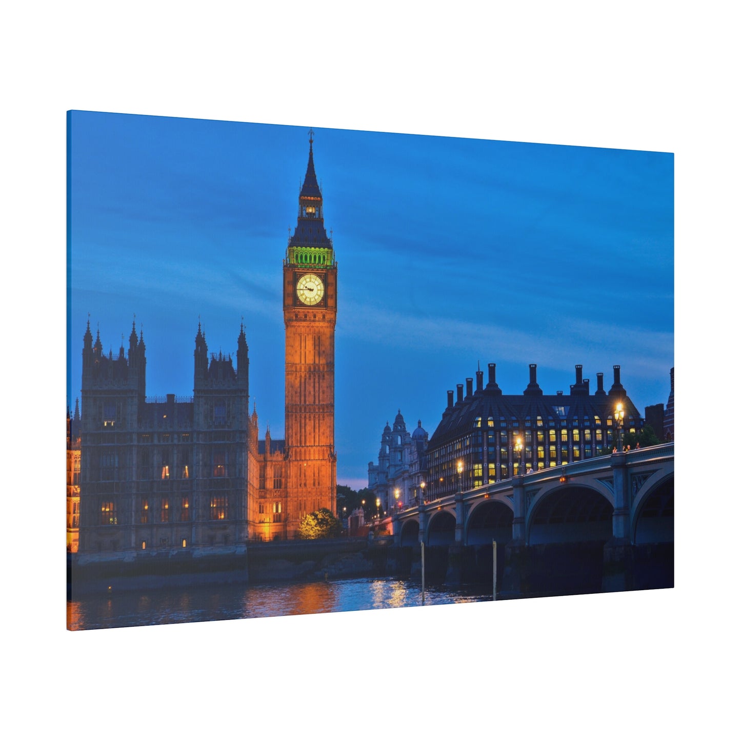 Big Ben and the London cityscape at night, with the clock tower’s lights reflecting on the River Thames, creating a tranquil scene.