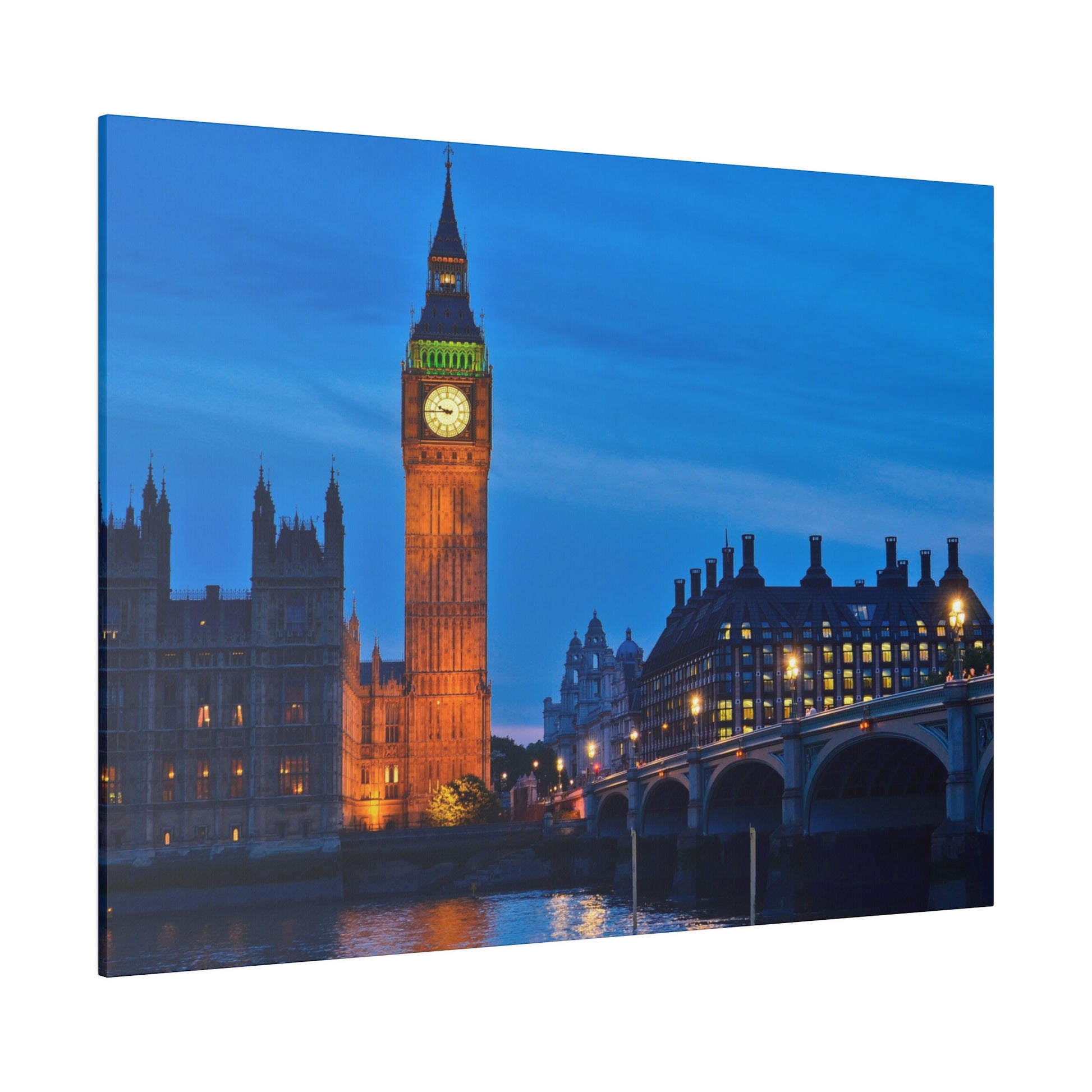 Nighttime view of Big Ben in London, beautifully lit up, with the surrounding historic buildings creating a charming cityscape.