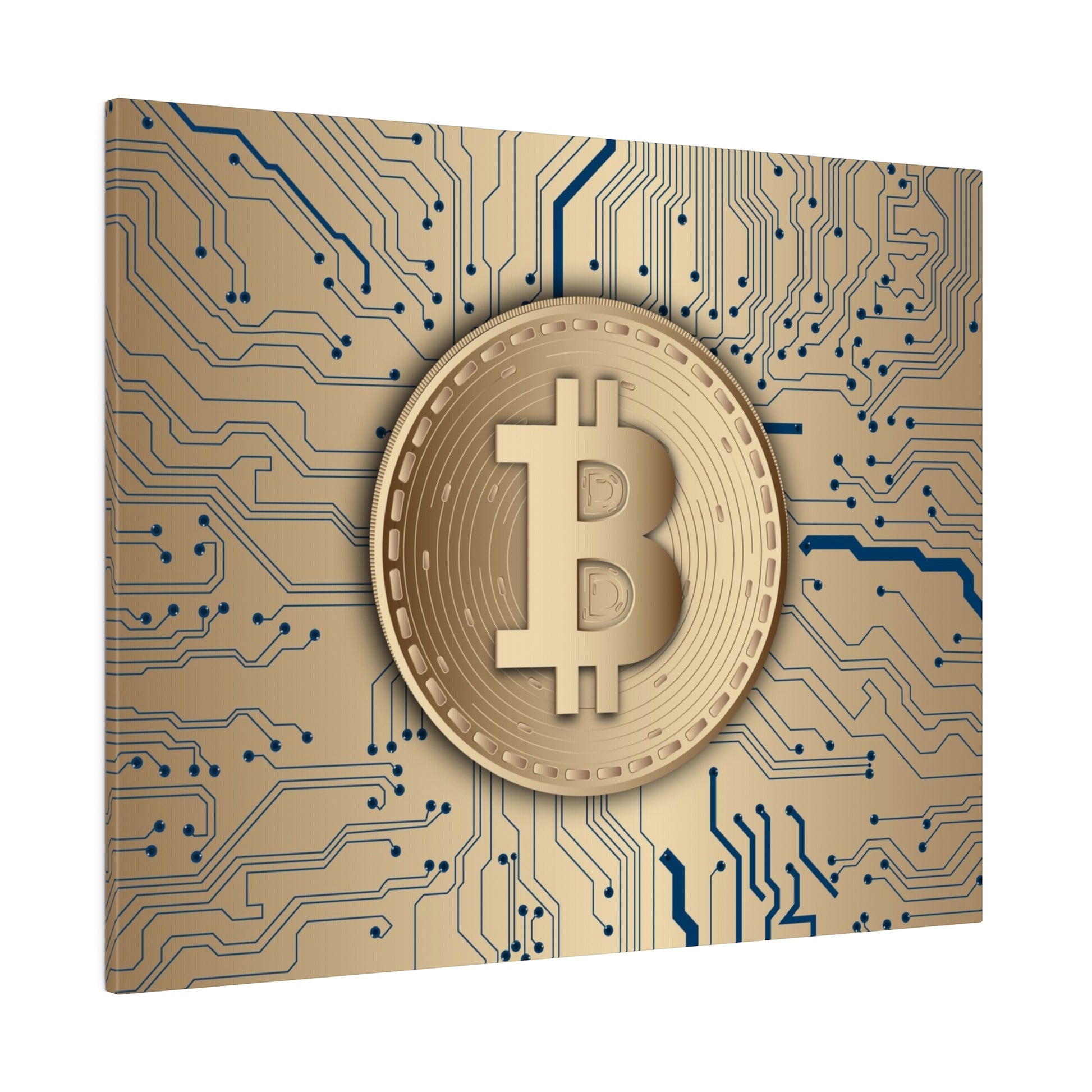 Gold Bitcoin coin centered on a beige circuit-board background with blue circuit traces.
