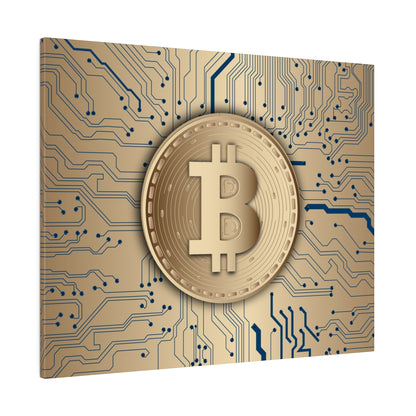 Gold Bitcoin coin centered on a beige circuit-board background with blue circuit traces.