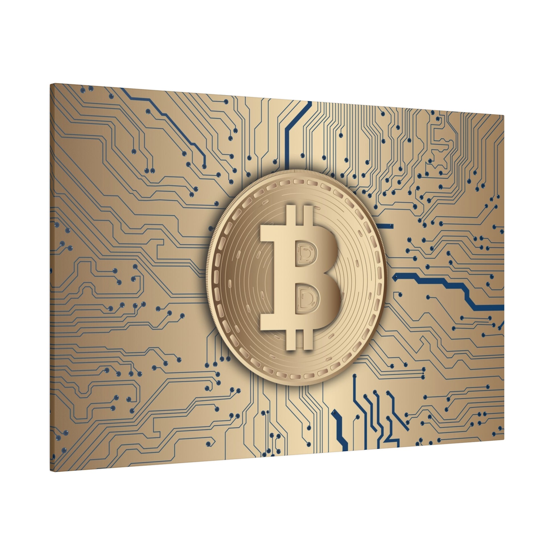 Gold Bitcoin coin with embossed B symbol centered on blue circuit board background.