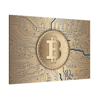 Gold Bitcoin coin with embossed B symbol centered on blue circuit board background.