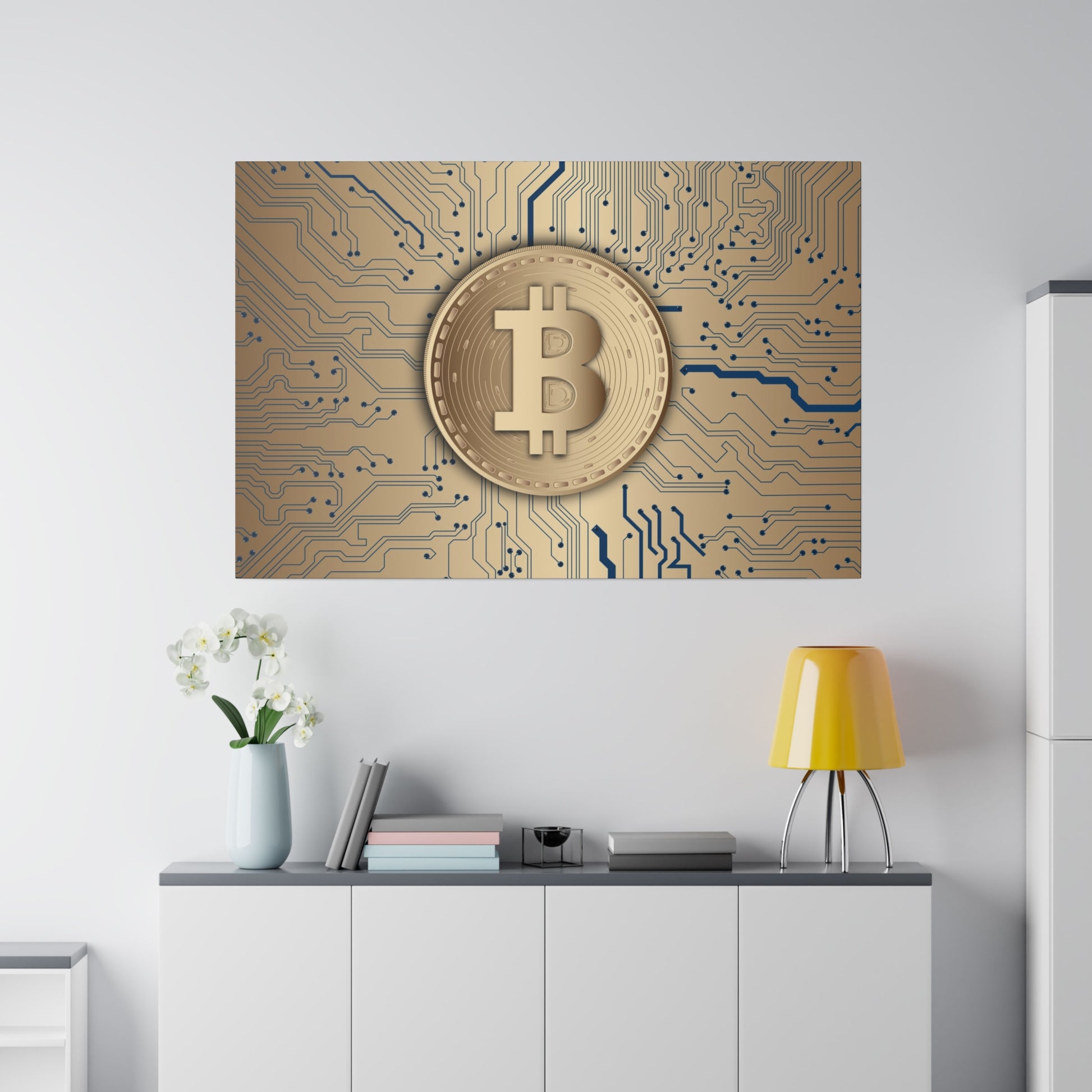 Gold Bitcoin coin wall art with a blue and gold circuit-board background hanging above a white modern cabinet.