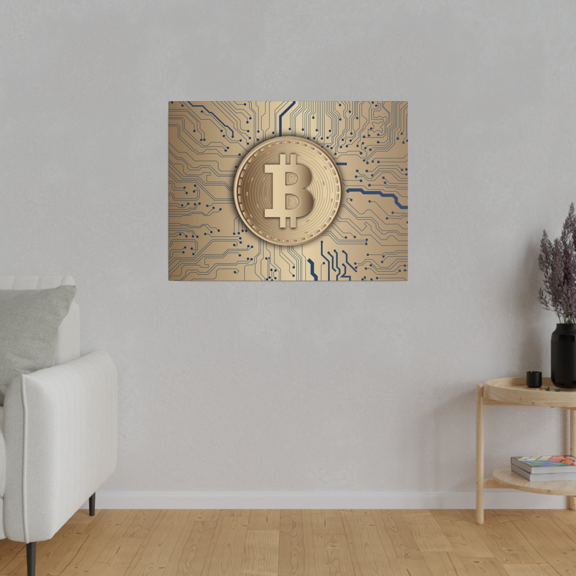 Gold Bitcoin coin artwork on a beige circuit-board background hanging on a gray wall.