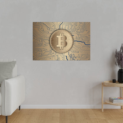 Gold Bitcoin coin on a bronze circuit-board background, mounted on a light gray wall in a living room.