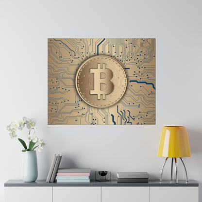 Square wall art with a gold Bitcoin coin centered on a gold circuit-board background.