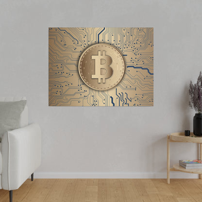 Gold Bitcoin coin artwork mounted on a gold circuit-board background hanging on a light gray wall.