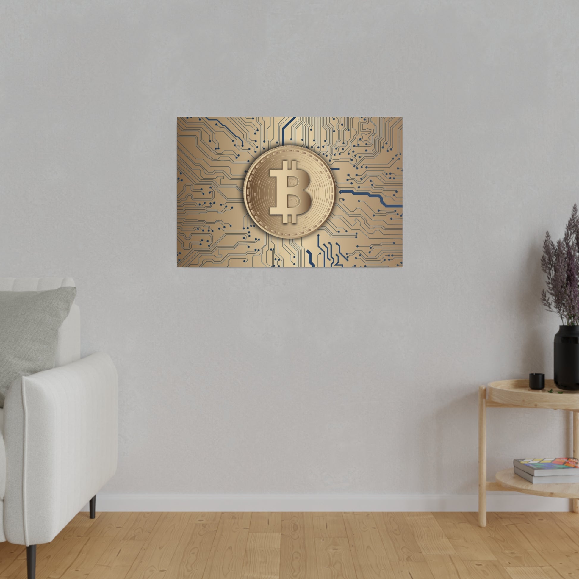Gold Bitcoin coin artwork mounted on a blue-gold circuit board background hanging on a light gray wall.