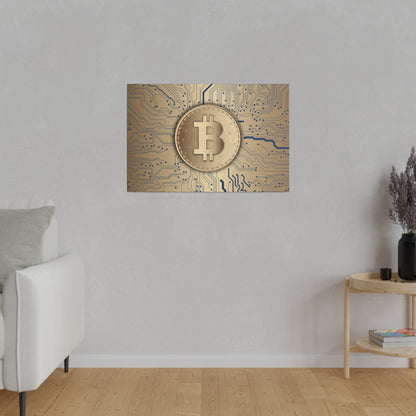 Gold Bitcoin coin artwork mounted on a blue-gold circuit board background hanging on a light gray wall.