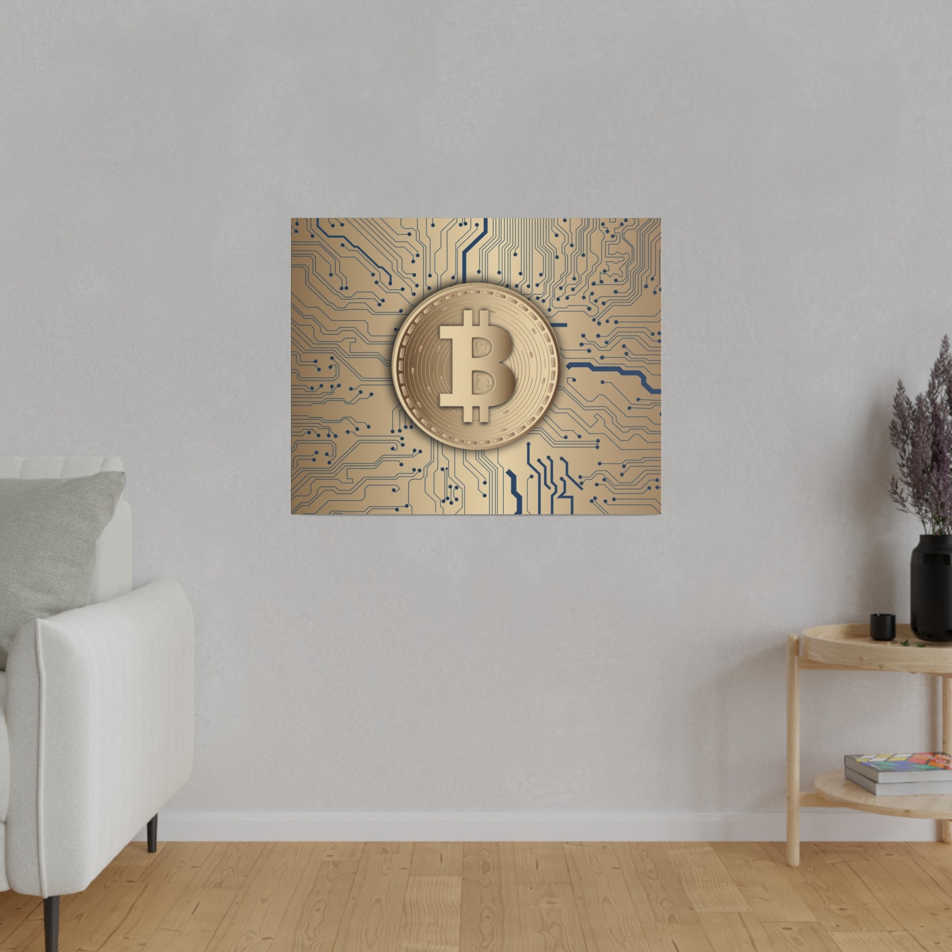 Gold Bitcoin coin wall art with a beige and blue circuit-board background, mounted on a gray wall.