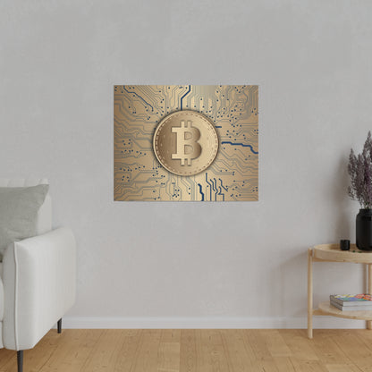 Gold Bitcoin coin wall art with a beige and blue circuit-board background, mounted on a gray wall.