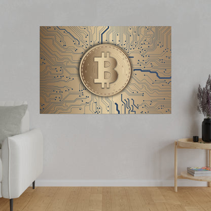 Gold Bitcoin coin artwork on a beige circuit-board background mounted on a wall.