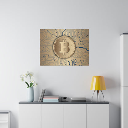Framed wall art showing a gold Bitcoin coin on a blue circuitry background above a white cabinet with a yellow lamp and a vase.