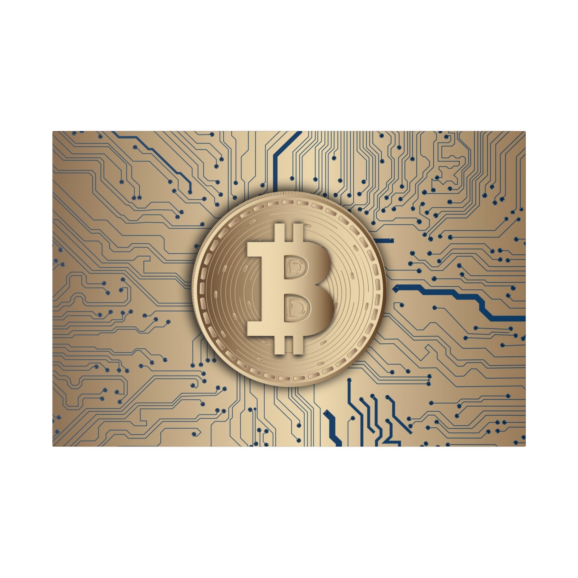 Gold-colored Bitcoin coin centered on a blue-and-gold circuit board background.