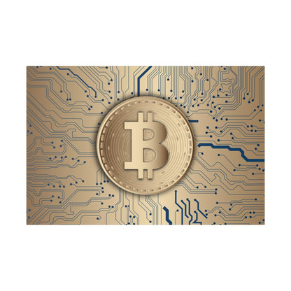 Gold-colored Bitcoin coin centered on a blue-and-gold circuit board background.