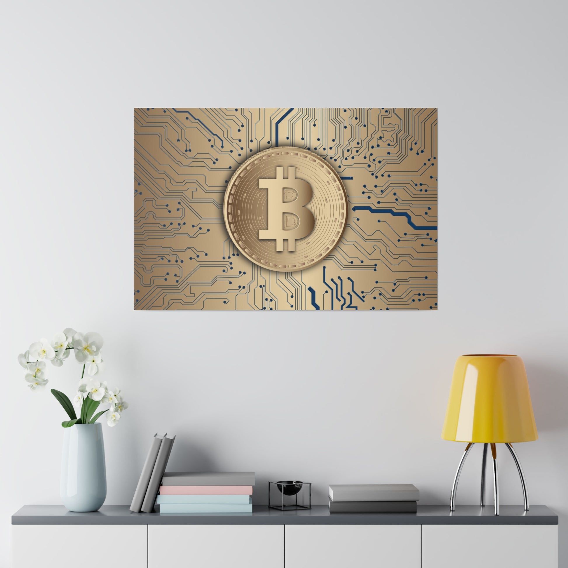 Gold Bitcoin coin centered on a blue circuit-board patterned wall art print.