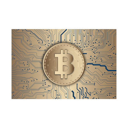 Gold Bitcoin coin centered on a blue-toned circuit board background.