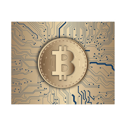 Gold Bitcoin coin with embossed B symbol on a blue circuit board background.