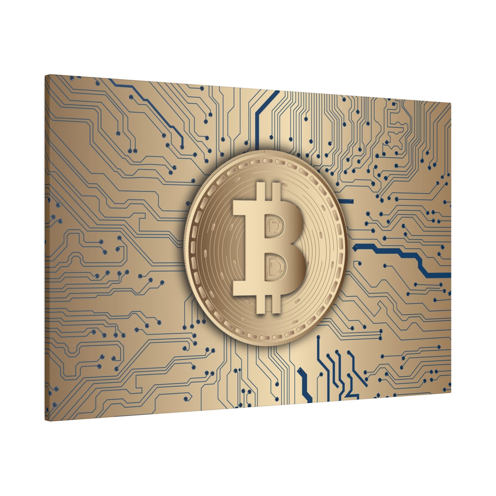 Gold Bitcoin coin centered on a blue circuit board background with intricate circuitry patterns.