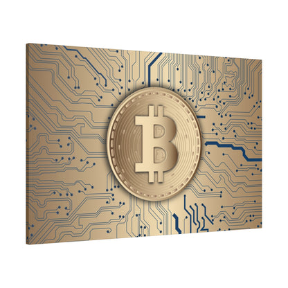 Gold Bitcoin coin centered on a blue circuit board background with intricate circuitry patterns.