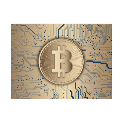 Gold Bitcoin coin centered on a blue and tan circuit board background.