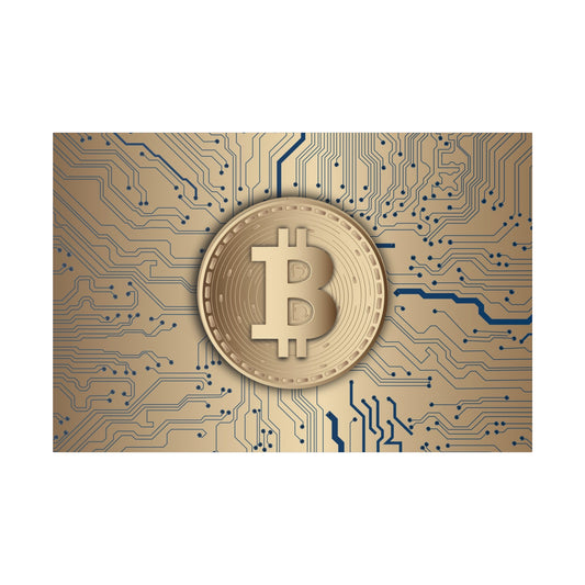 Gold Bitcoin coin centered on a blue circuit board background.