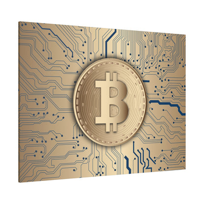 Gold Bitcoin coin with embossed B symbol centered on blue circuit-board background.