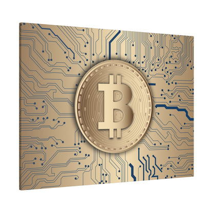 Gold Bitcoin coin displayed over a blue circuit-board background with intricate electrical traces.