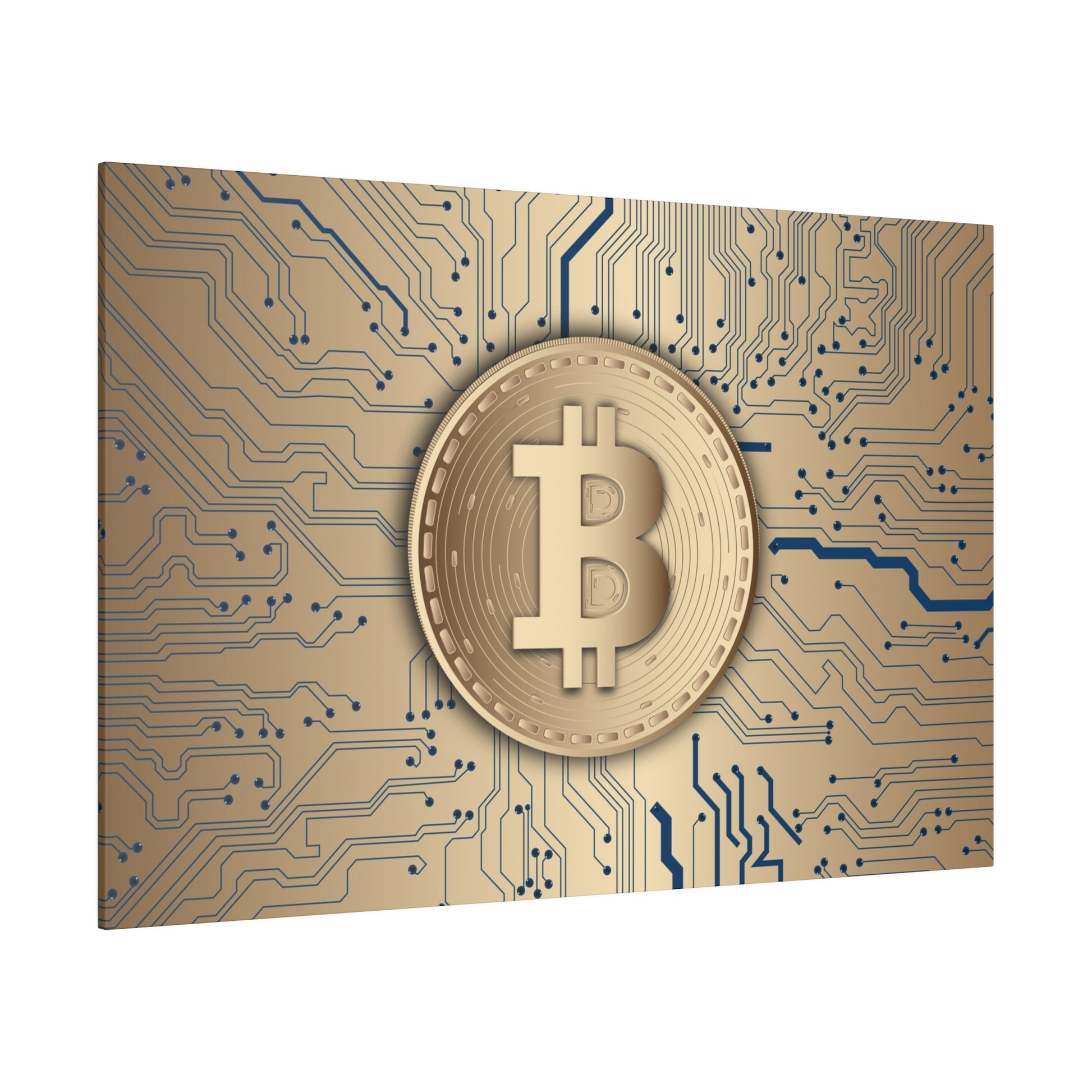 Gold Bitcoin coin with the Bitcoin symbol centered on a blue circuit-board background.