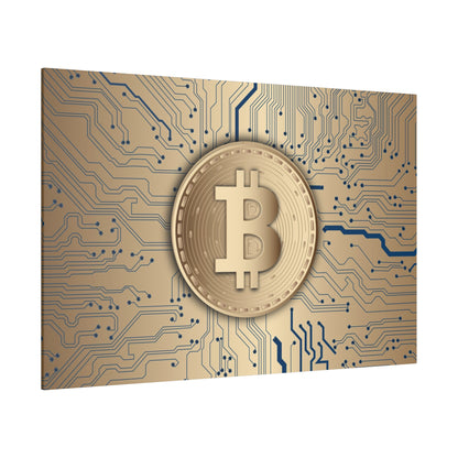 Gold Bitcoin coin with the Bitcoin symbol centered on a blue circuit-board background.