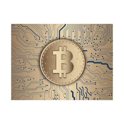 Gold Bitcoin coin rests at the center of a gold circuit-board background with blue traces.