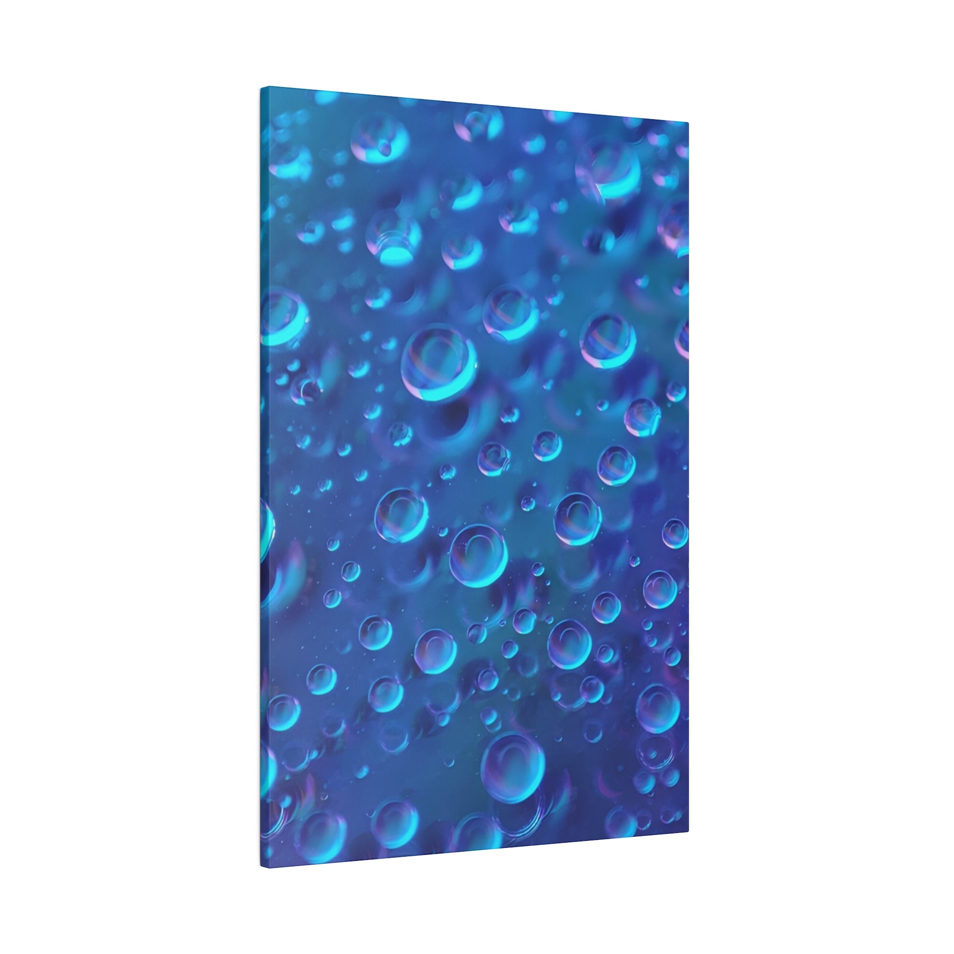 Vertical blue abstract canvas print showing numerous translucent bubbles of varying sizes against a deep blue gradient.