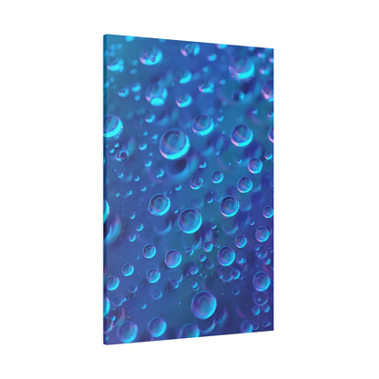Vertical blue abstract canvas print showing numerous translucent bubbles of varying sizes against a deep blue gradient.