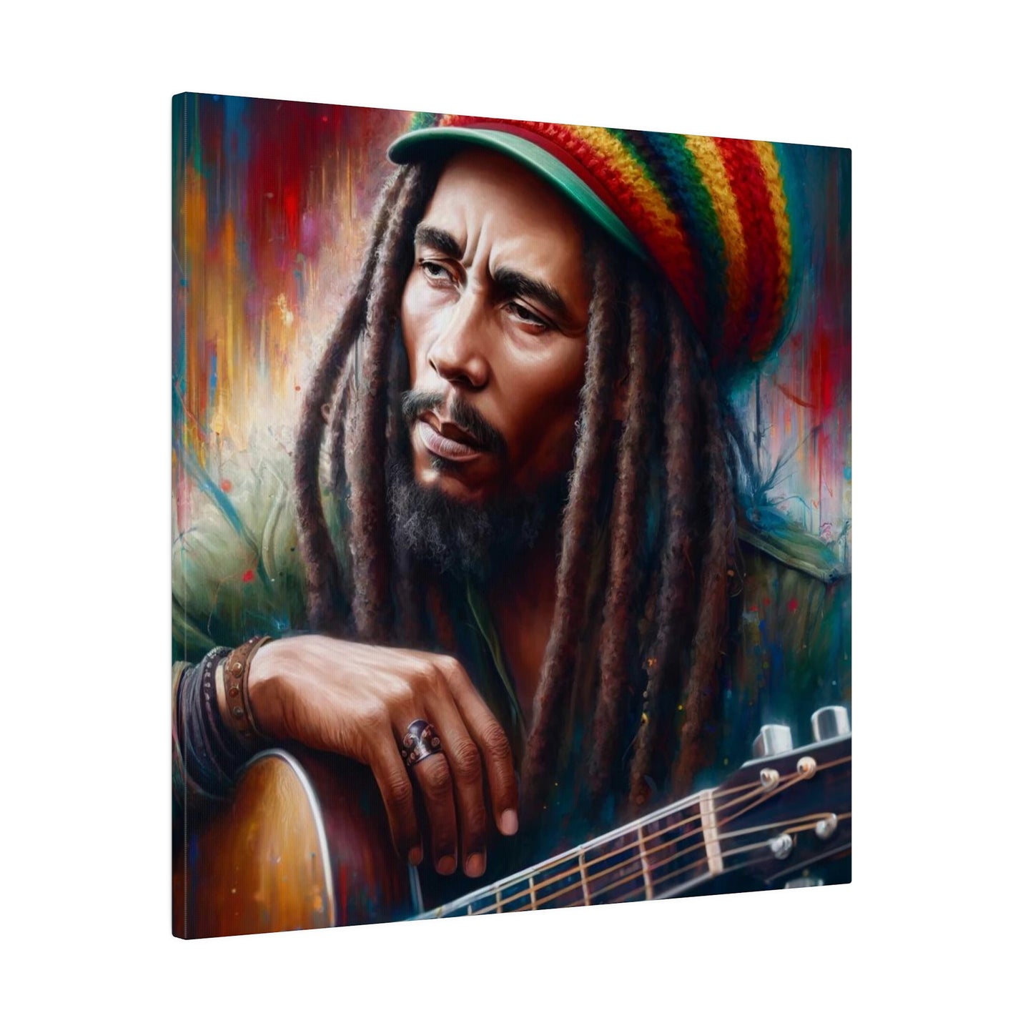 A vibrant depiction of Bob Marley playing an acoustic guitar. His dreadlocks and Rasta hat are highlighted, with a colorful background adding to the artistic feel.