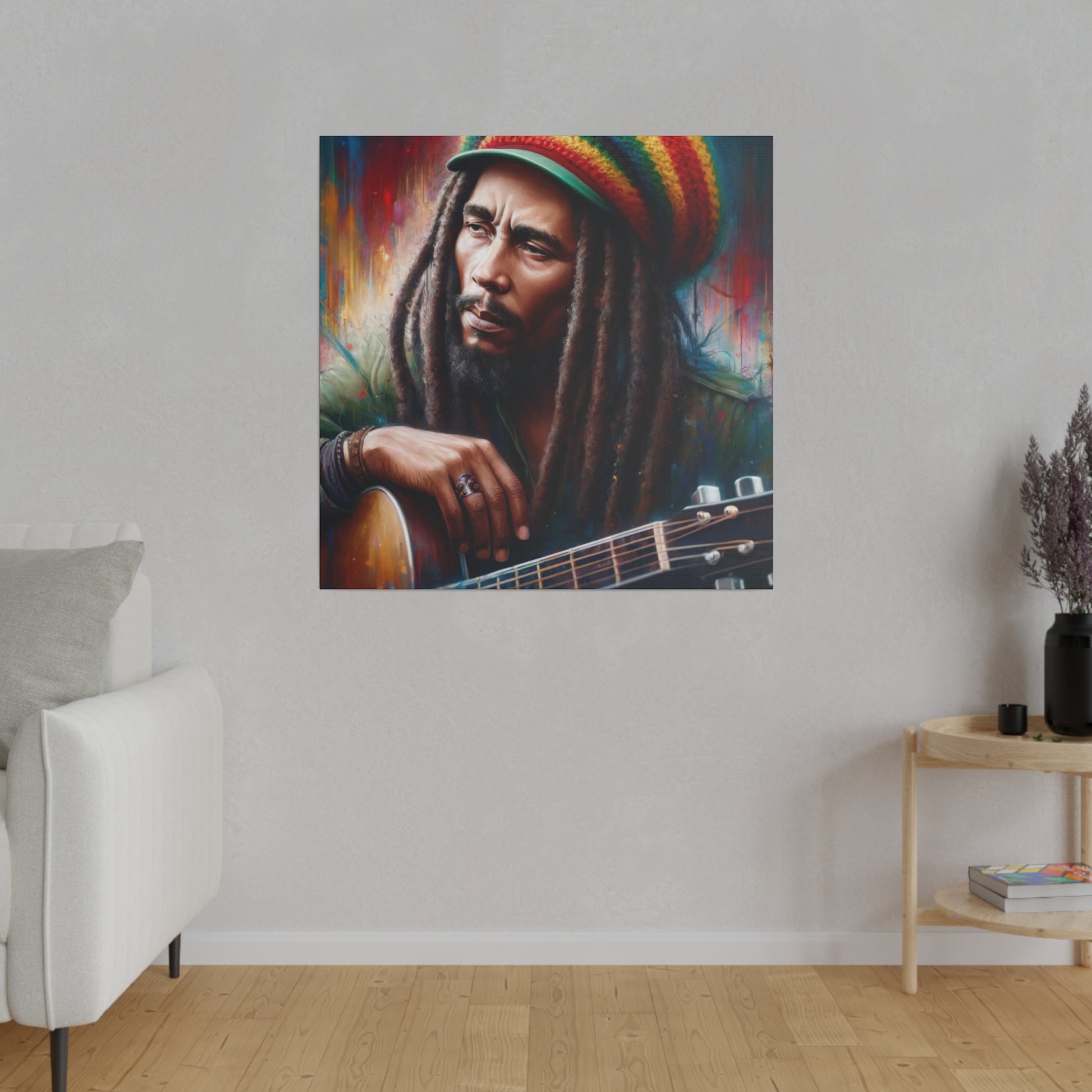 An artistic expression of Bob Marley with his guitar and dreadlocks. The colorful background adds vibrancy to the portrait, showcasing his legendary status.