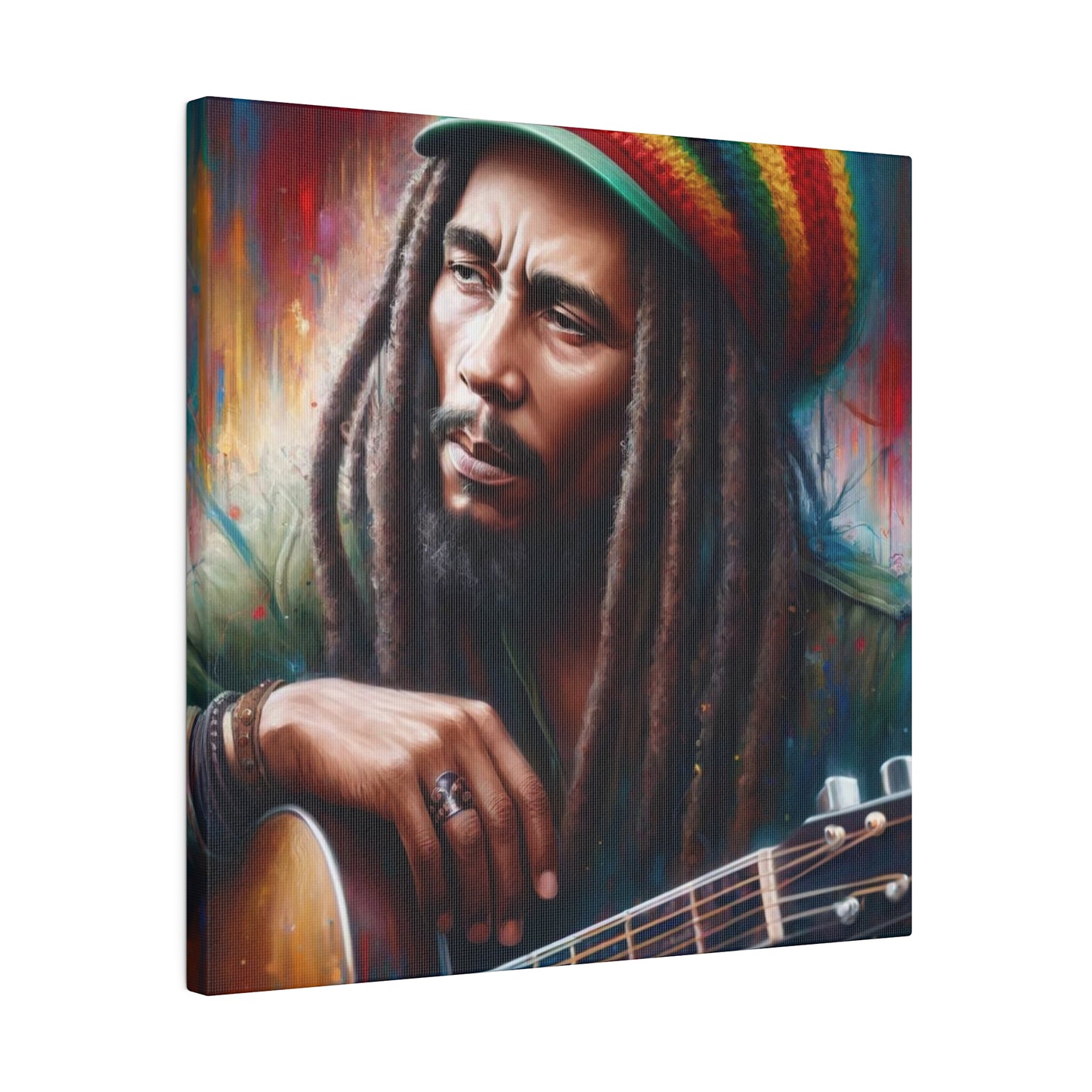 An artistic depiction of Bob Marley, featuring his dreadlocks and a guitar. The colorful background highlights his legendary status in music.