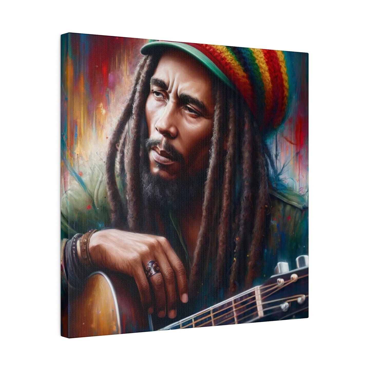 An artwork featuring Bob Marley, showcasing his guitar and iconic dreadlocks. The colorful background enhances the dynamic and vibrant nature of the portrait.